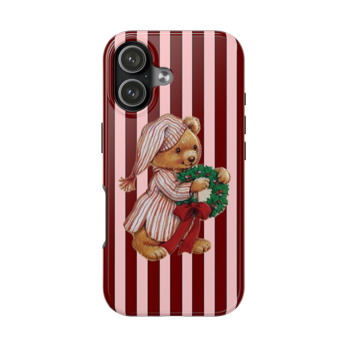 BURGUNDY STRIPES TEDDY BEAR NIGHTCAP WREATH PHONE CASE