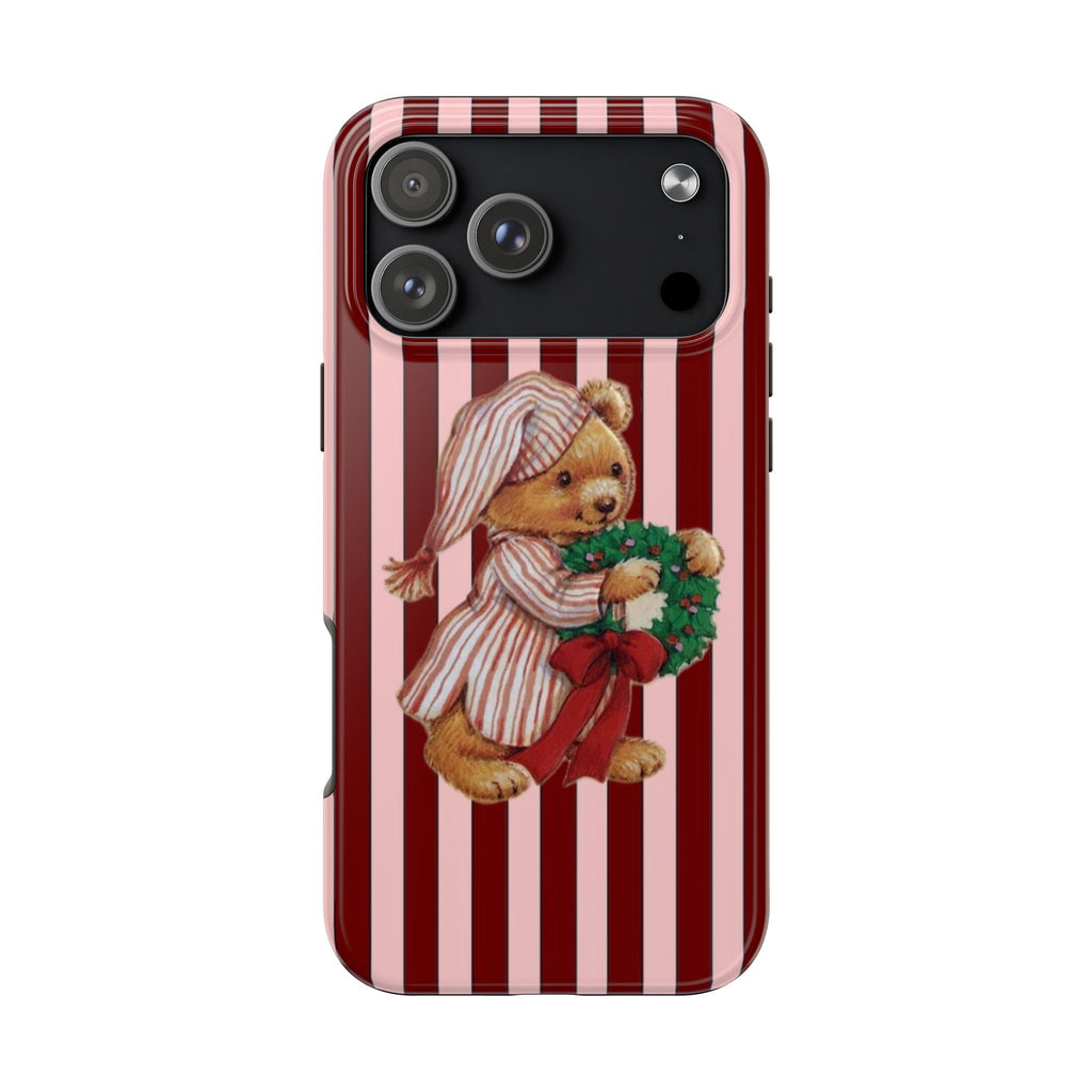 BURGUNDY STRIPES TEDDY BEAR NIGHTCAP WREATH PHONE CASE