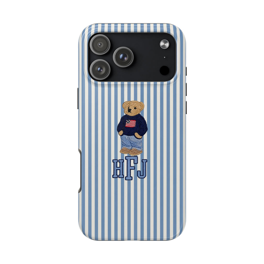 PERSONALIZED BLUE STRIPES CLASSIC TEDDY BEAR CUSTOM MONOGRAM INITIALS PHONE CASE