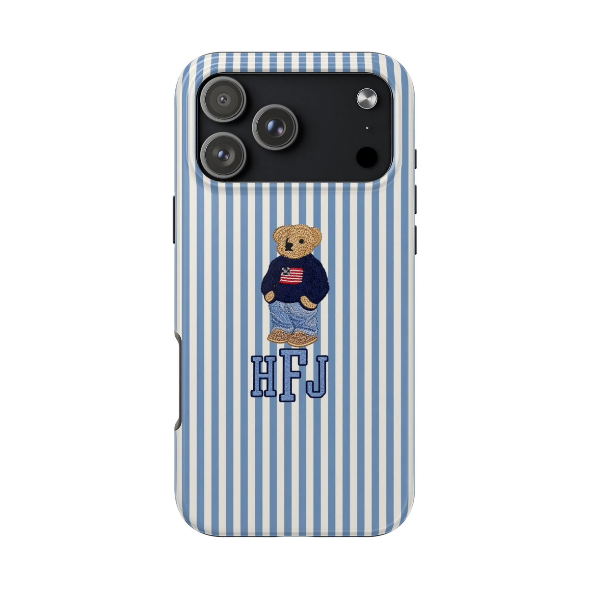 PERSONALIZED BLUE STRIPES CLASSIC TEDDY BEAR CUSTOM MONOGRAM INITIALS PHONE CASE
