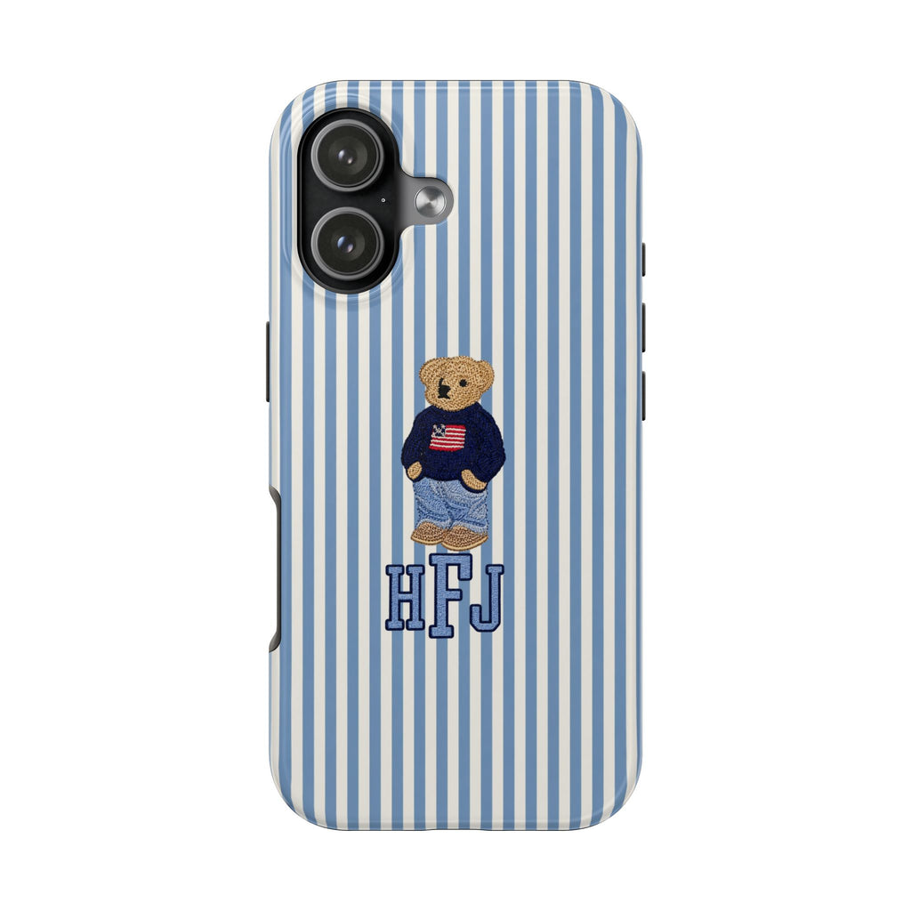 PERSONALIZED BLUE STRIPES CLASSIC TEDDY BEAR CUSTOM MONOGRAM INITIALS PHONE CASE