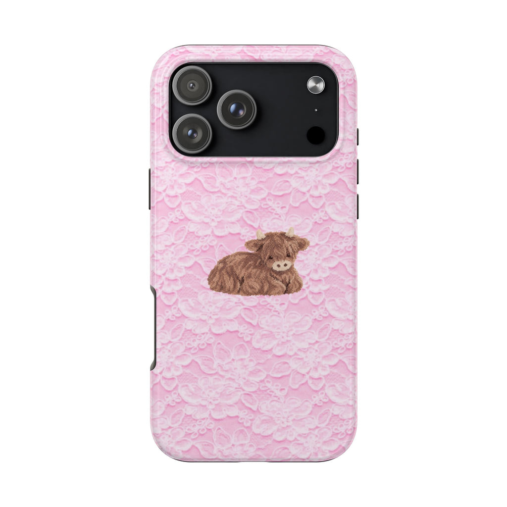 PINK LACE HIGHLAND COW PHONE CASE