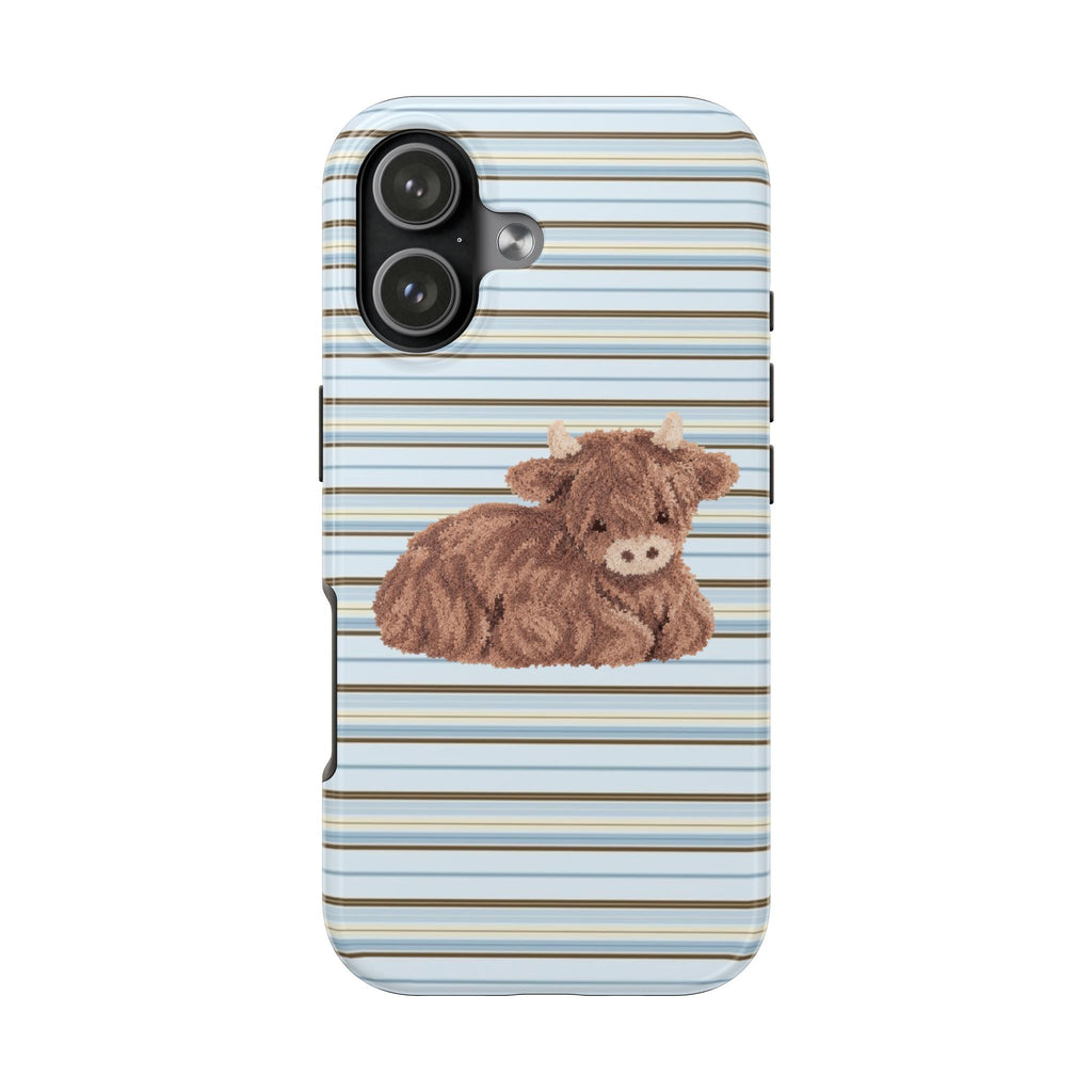 COCOA BLUE STRIPES HIGHLAND COW PHONE CASE
