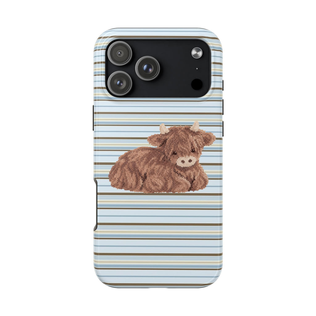 COCOA BLUE STRIPES HIGHLAND COW PHONE CASE