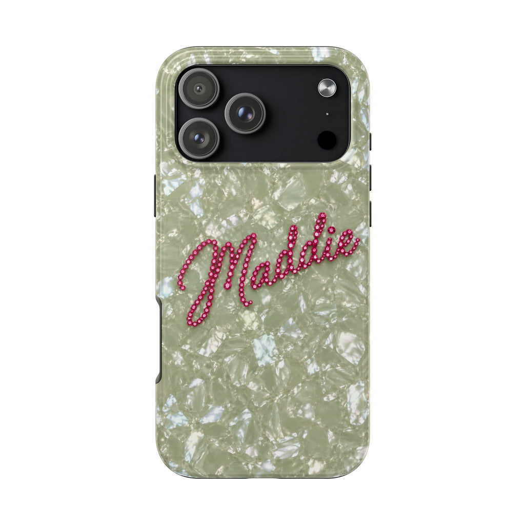 PERSONALIZED SAGE GREEN VELVET ICE RHINESTONE CUSTOM NAME PHONE CASE