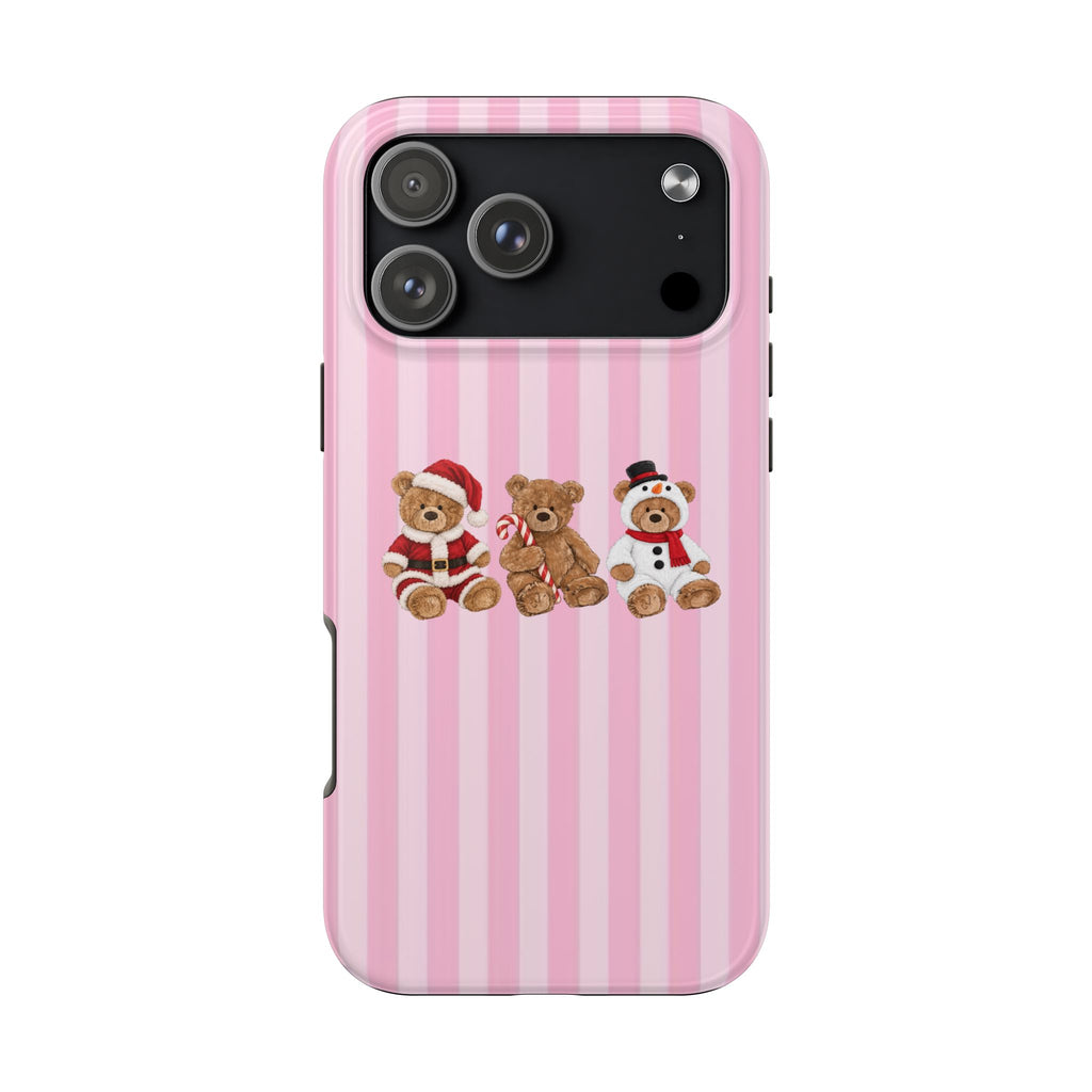 PINK STRIPES CHRISTMAS TEDDY BEARS PHONE CASE