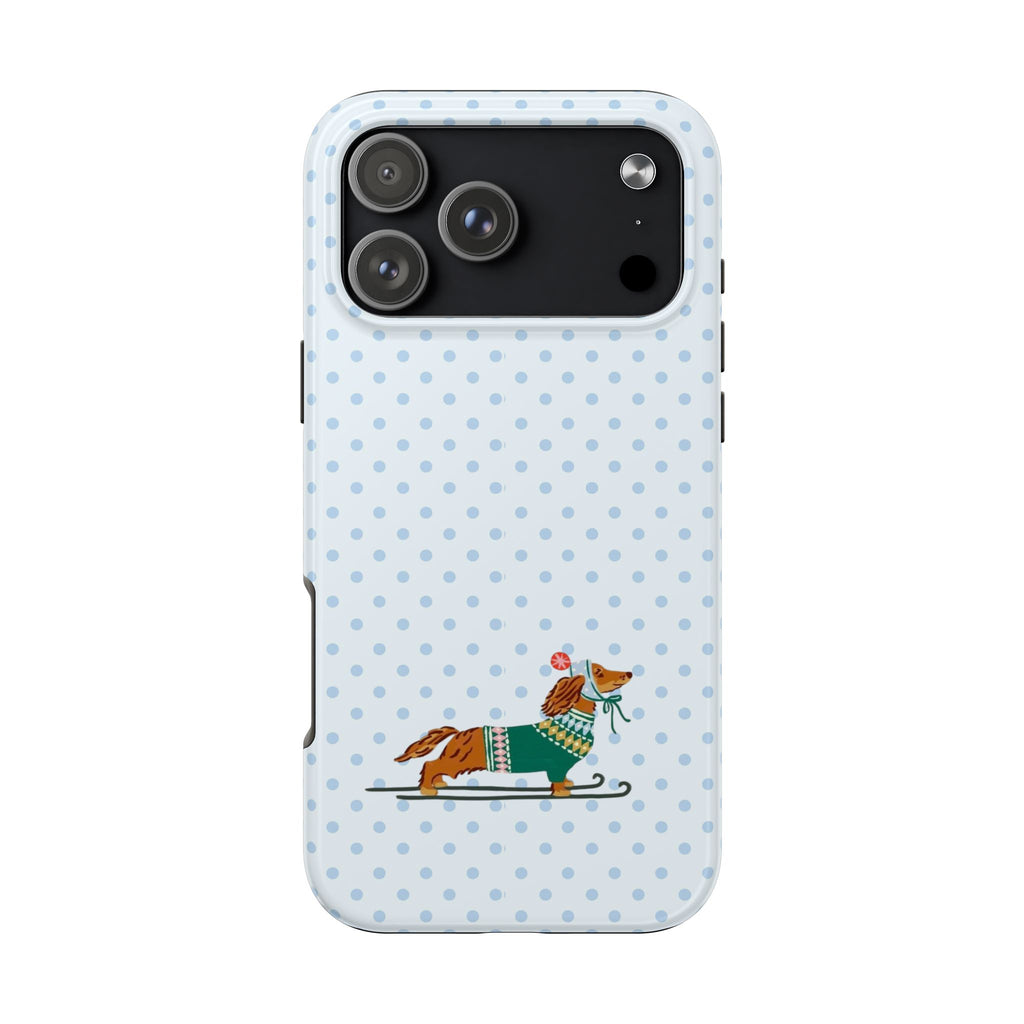 SNOW BLUE POLKA DOTS DACHSHUND CHRISTMAS SKI SLOPES PHONE CASE