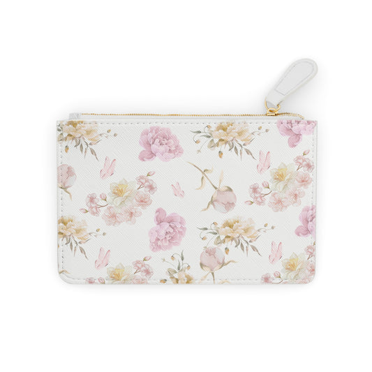 BEIGE PINK FLORAL LEATHER POUCH