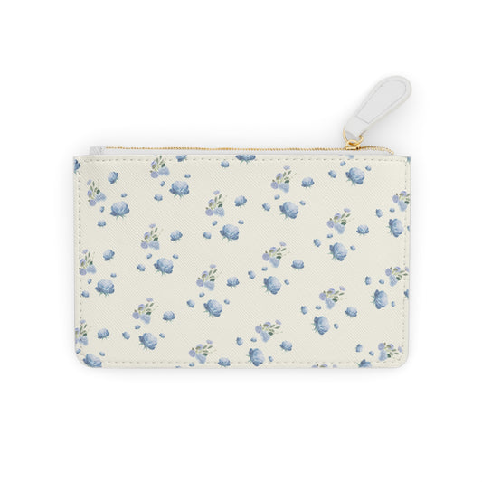 BEIGE & BLUE FLORAL LEATHER POUCH