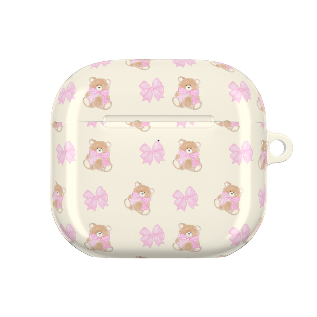 BEIGE TEDDY PINK BOW AIRPOD CASE