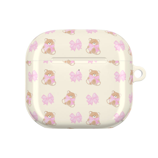 BEIGE TEDDY PINK BOW AIRPOD CASE