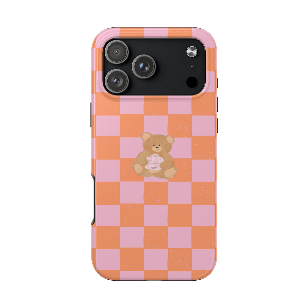 ORANGE PINK CHECKERED VANITY TEDDY BEAR PHONE CASE