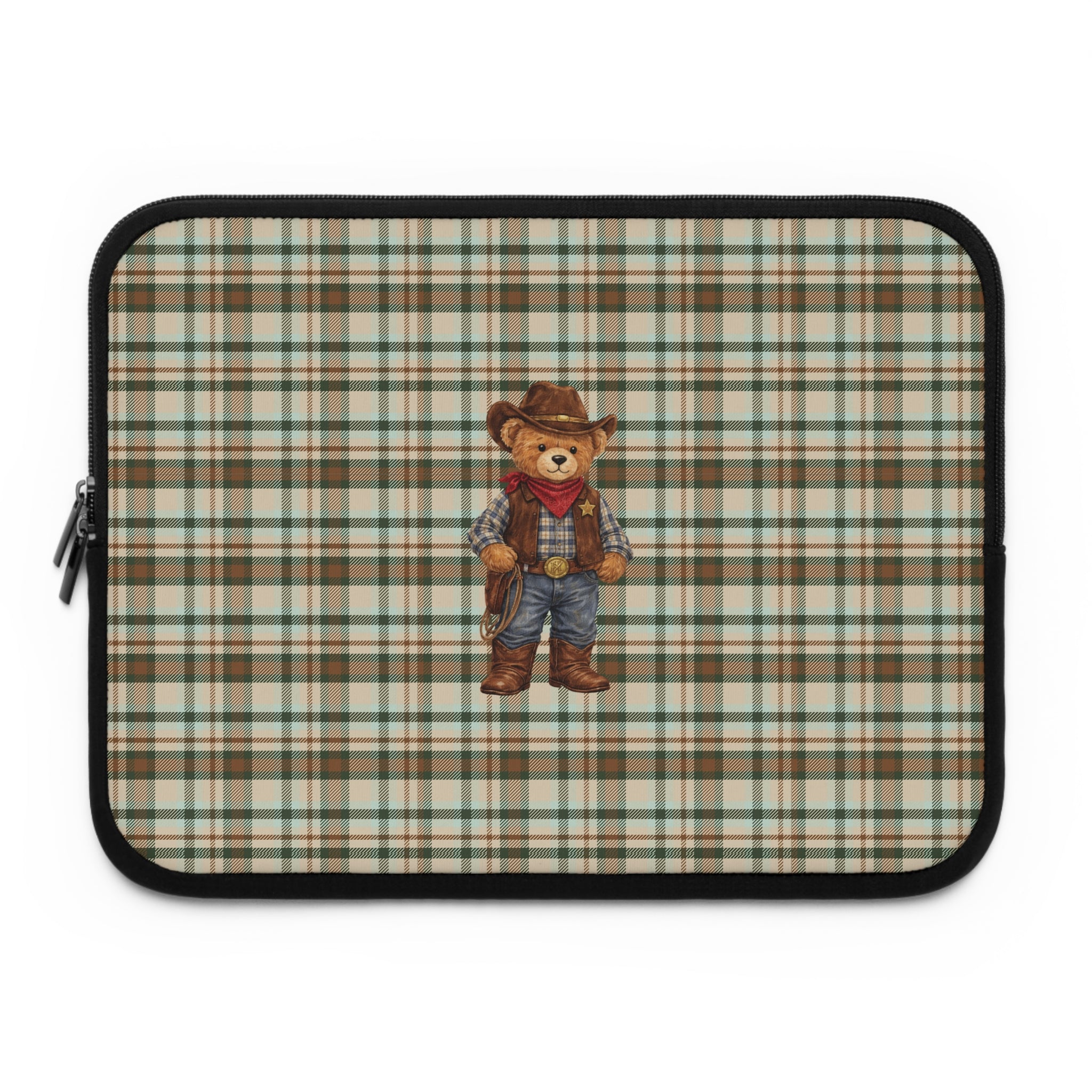GREEN PLAID COWBOY TEDDY BEAR NEOPRENE KINDLE IPAD & LAPTOP SLEEVE