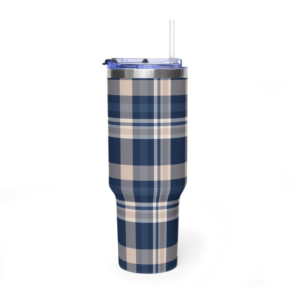 NAVY & BEIGE PLAID 40OZ STAINLESS STEEL TUMBLER