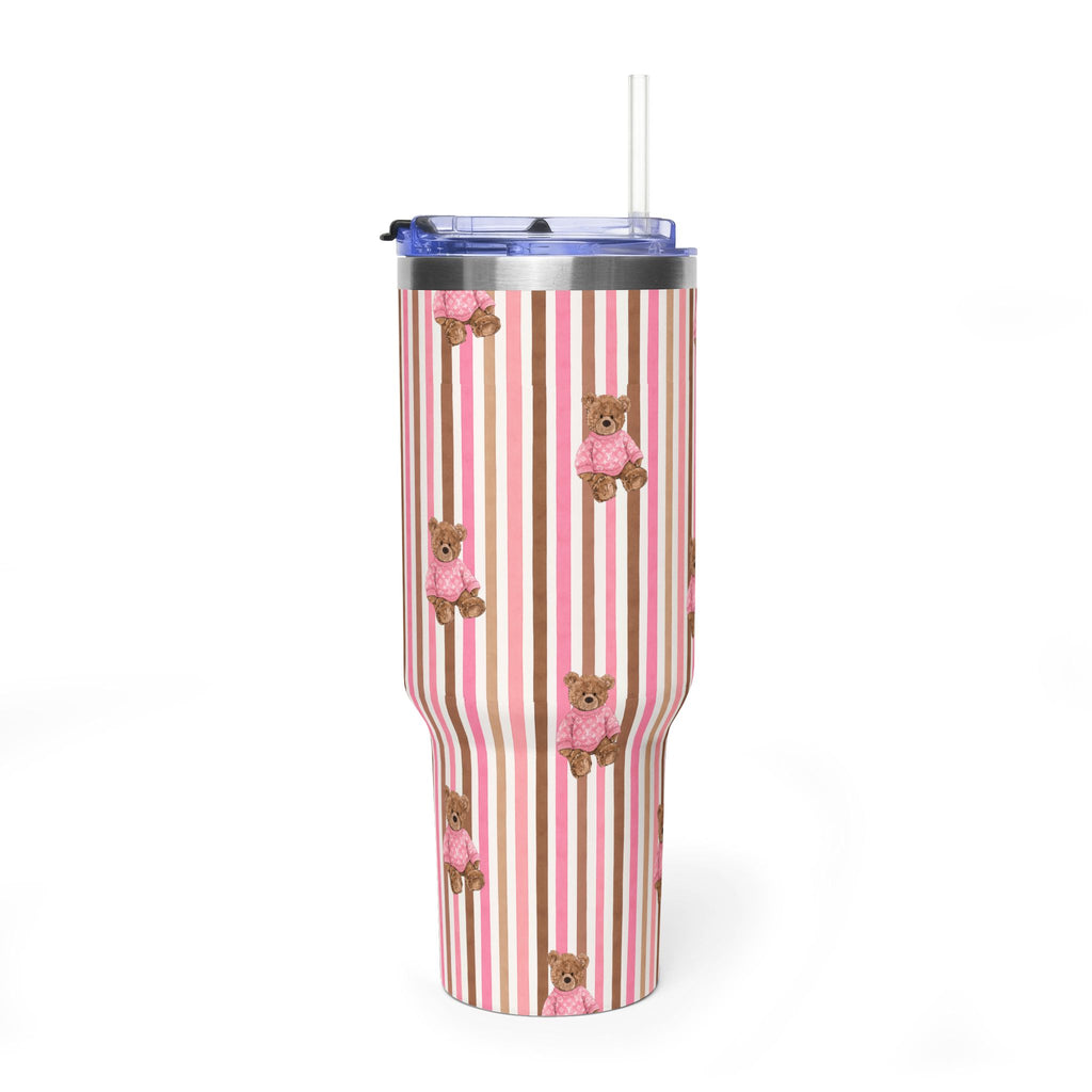 PINK & BROWN STRIPES LV TEDDY BEAR 40OZ STAINLESS STEEL TUMBLER