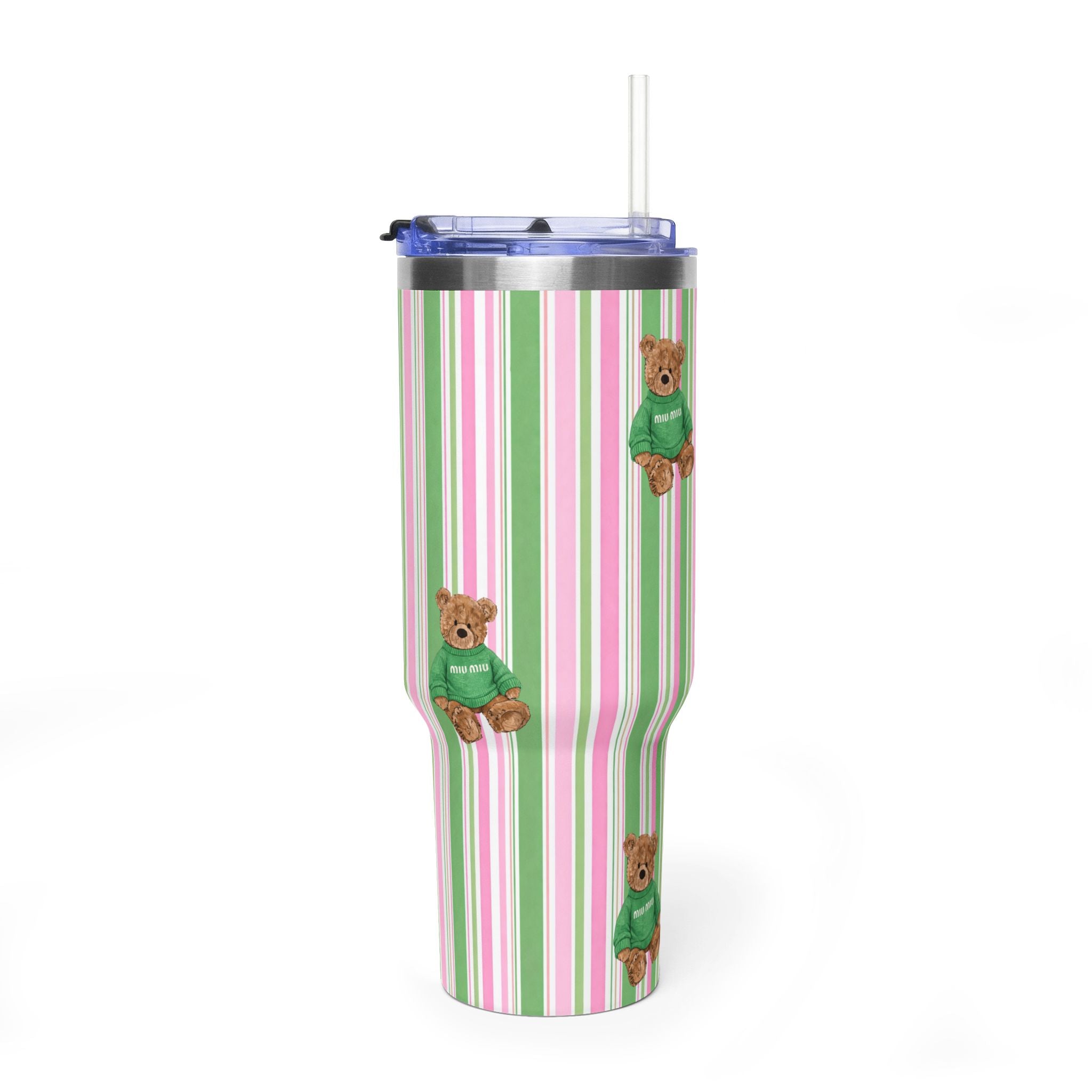 PINK APPLE GREEN STRIPES MIU TEDDY BEAR 40OZ STAINLESS STEEL TUMBLER