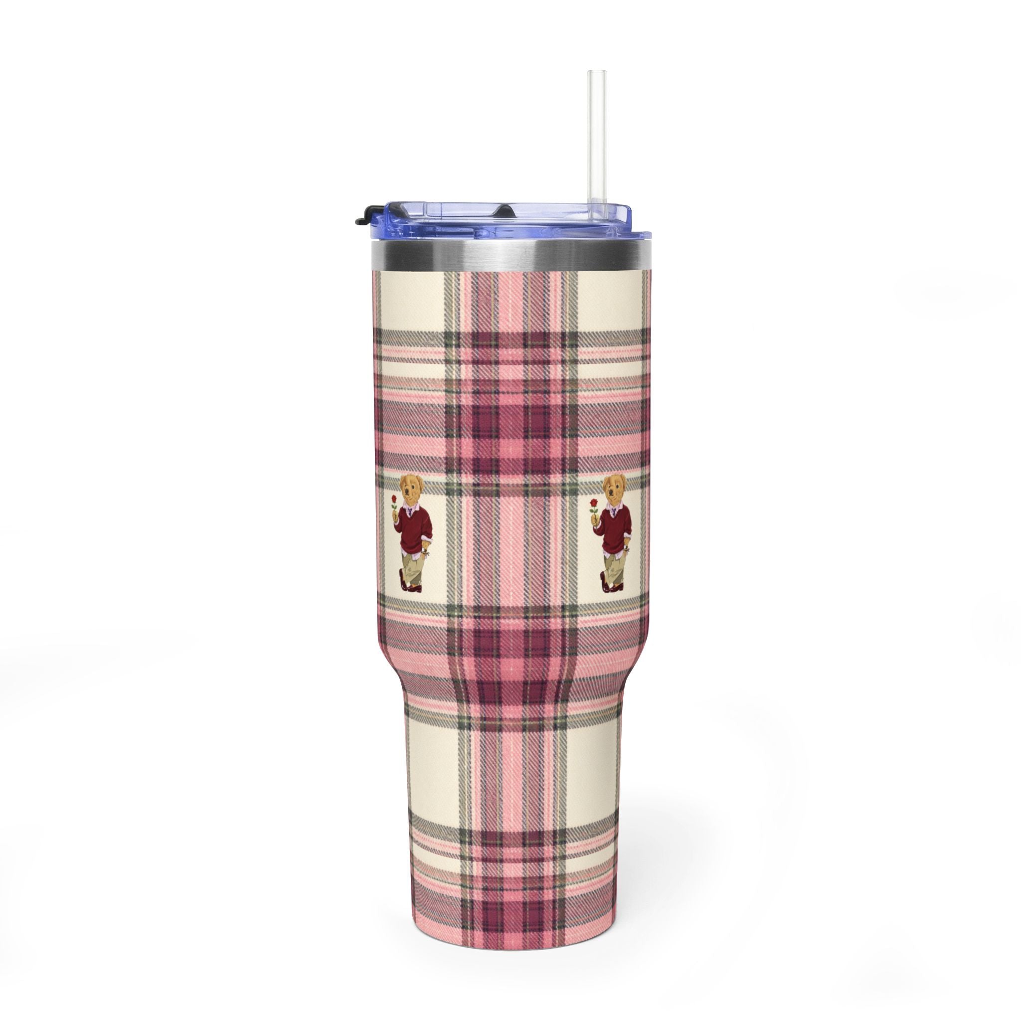 BEIGE & RED TARTAN PLAID RL TEDDY BEAR 40OZ STAINLESS STEEL TUMBLER
