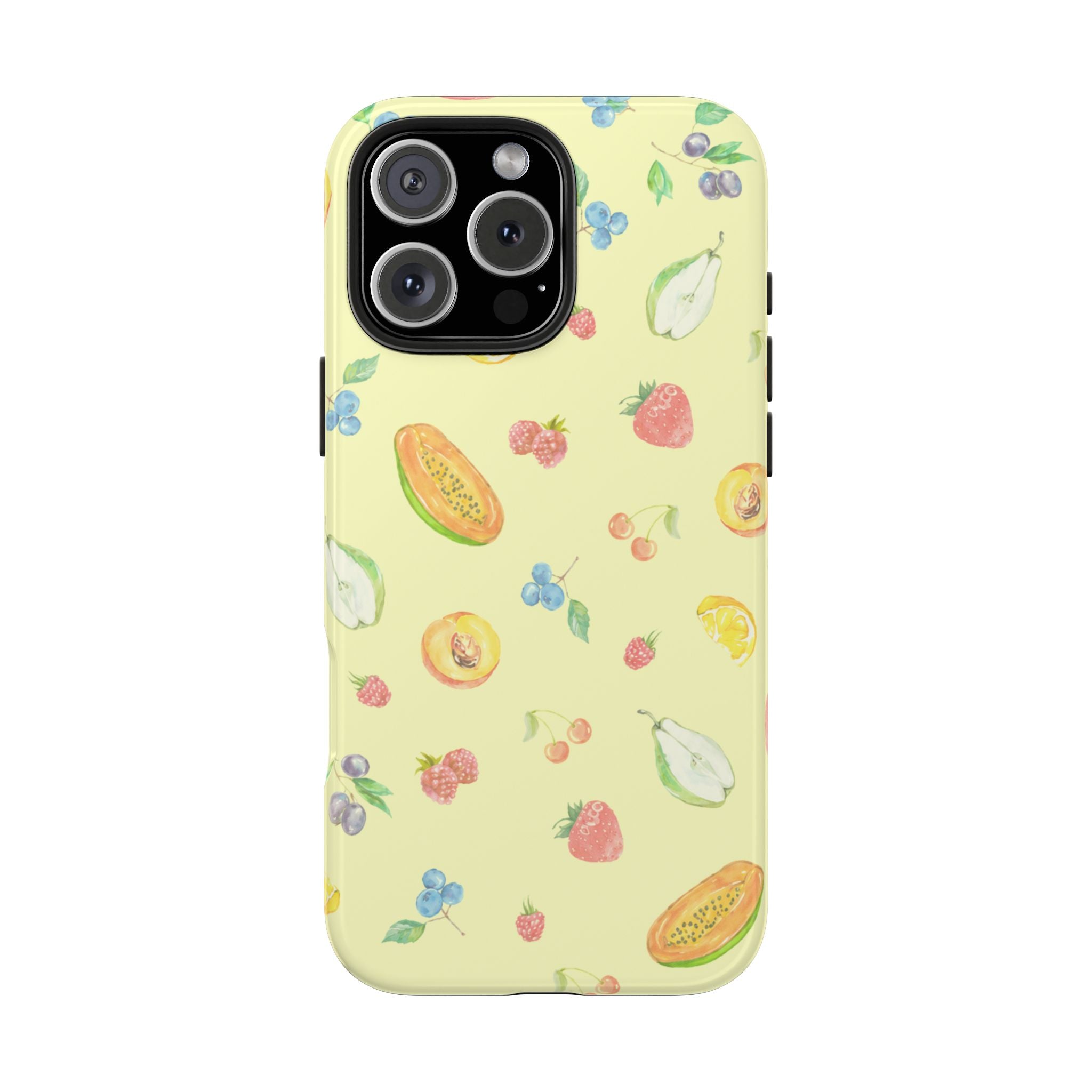 Lemon yellow fruit sorbet phone case with berries and tropical fruit slices; camera lenses