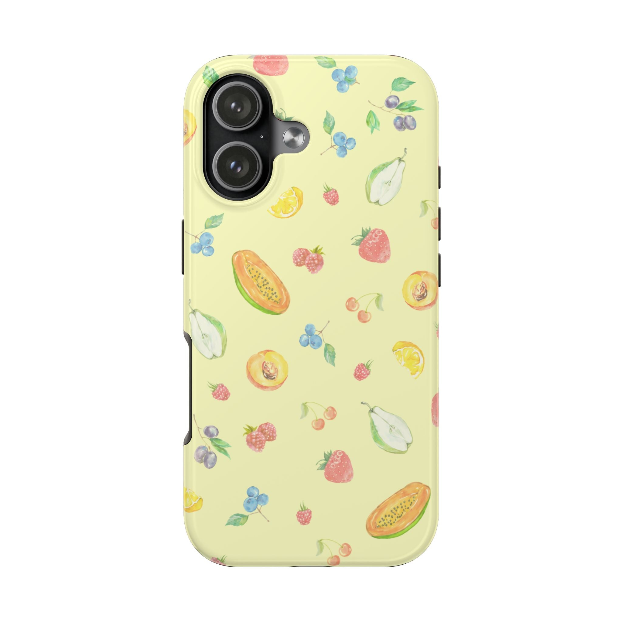 Pink fruit sorbet phone case with mixed berries, citrus halves and papaya slices