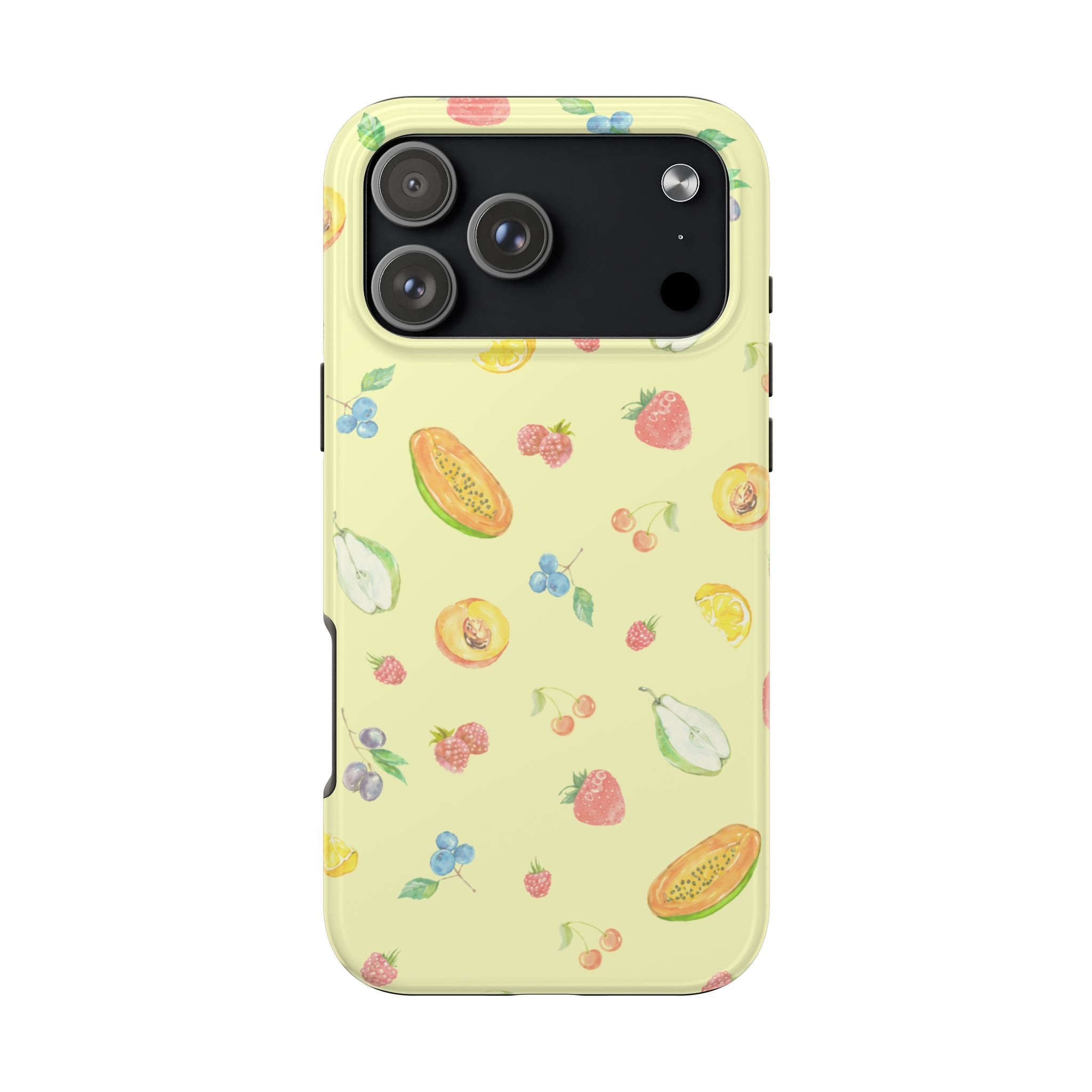 Pale yellow phone case with fruit sorbet pattern; raised camera cutouts.