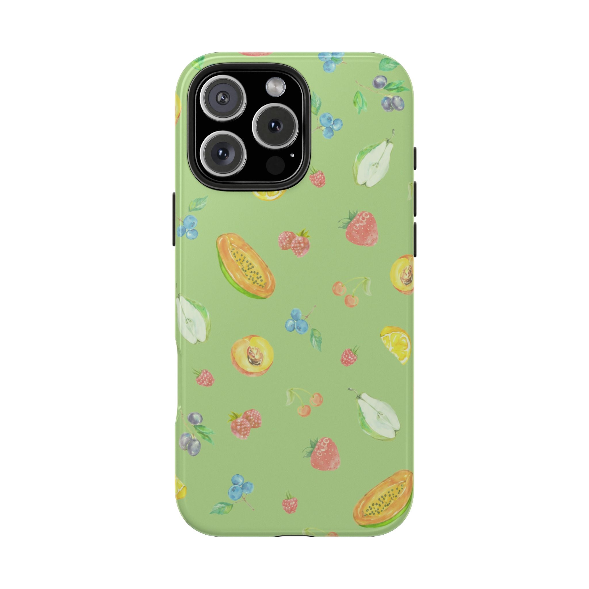Green fruit sorbet phone case with berries, papaya and citrus; camera cutout visible