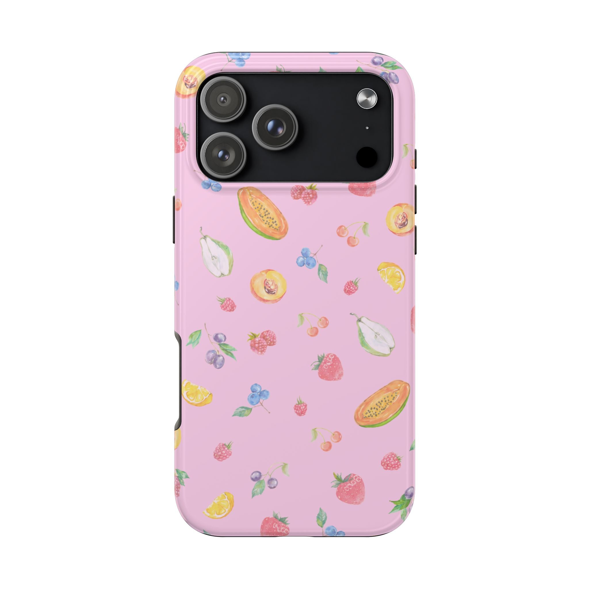 Pastel pink fruit sorbet phone case with scattered strawberries, blueberries and citrus slices