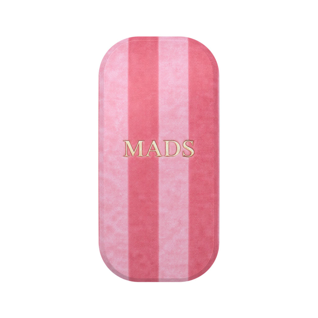 Grip Click phone case with pink velvet stripe pattern and gold name print, MADS