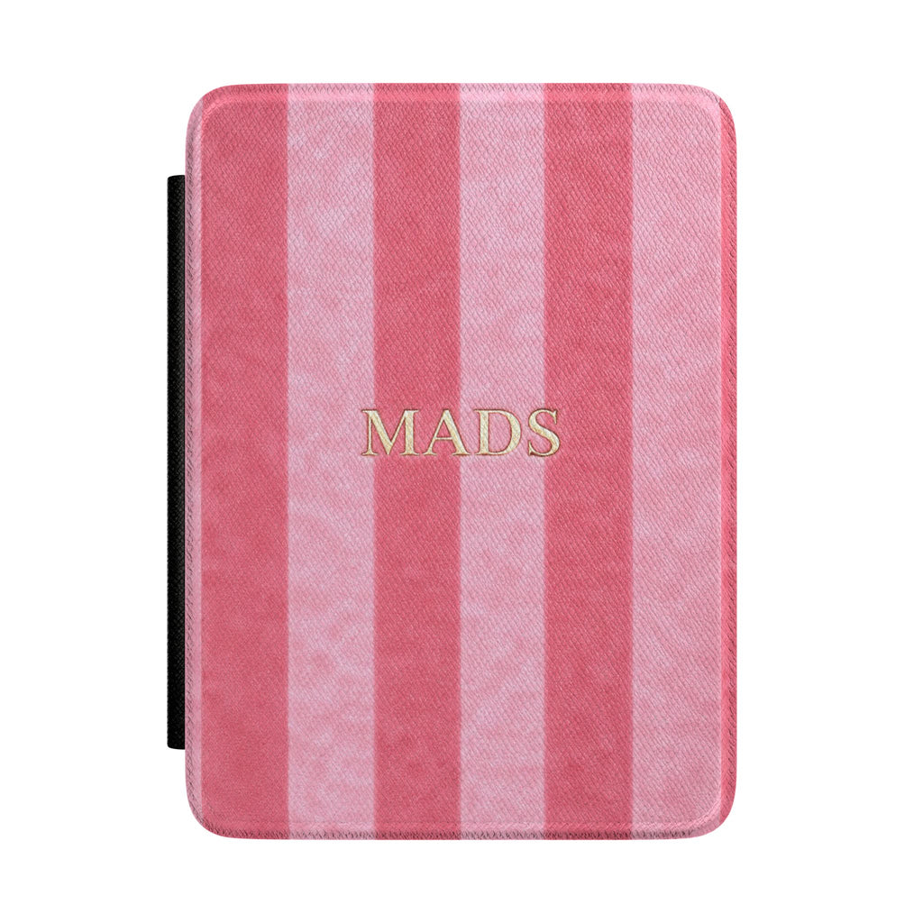 Hardcover Kindle case in pink striped velvet with MADS name