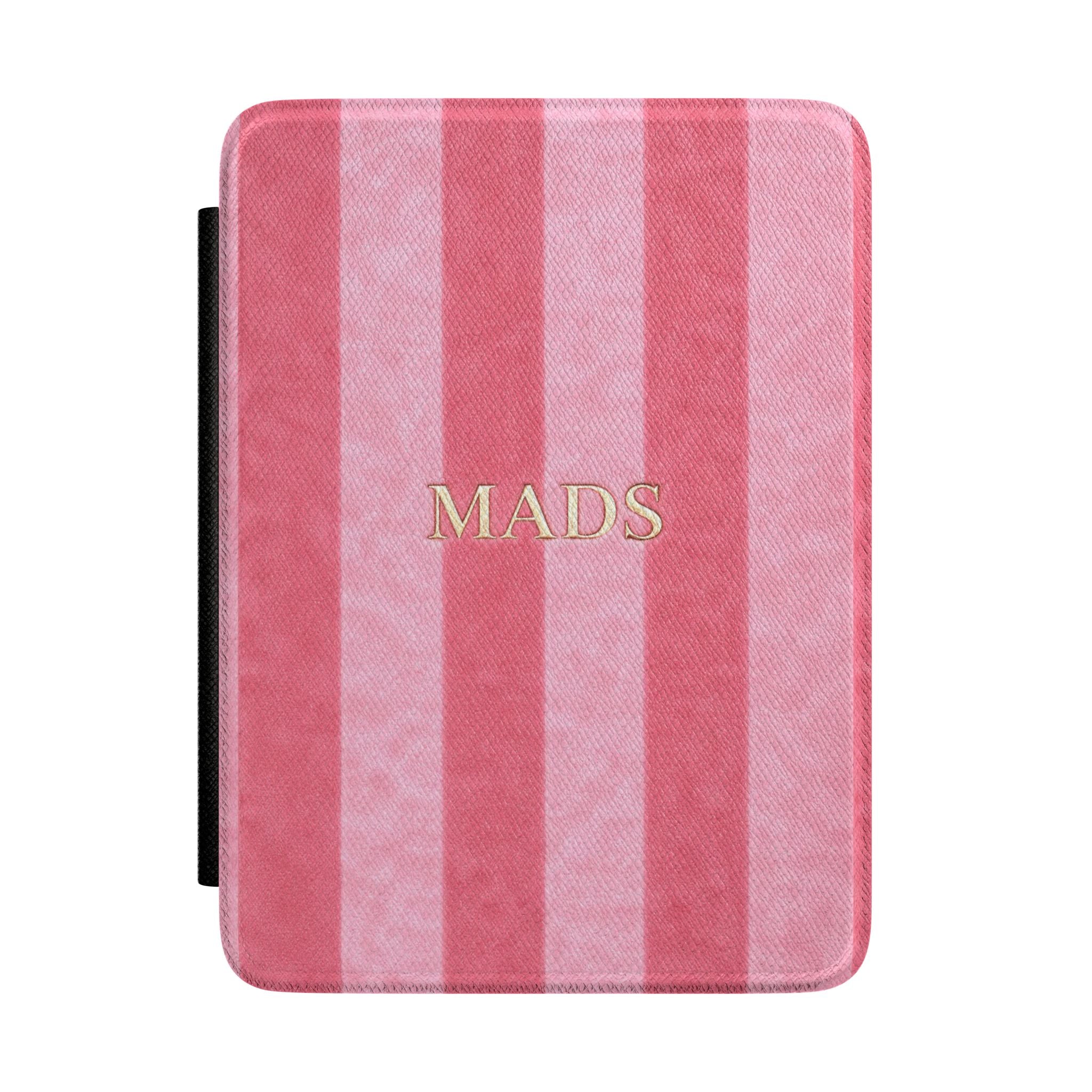 Hardcover Kindle case in pink striped velvet with MADS name
