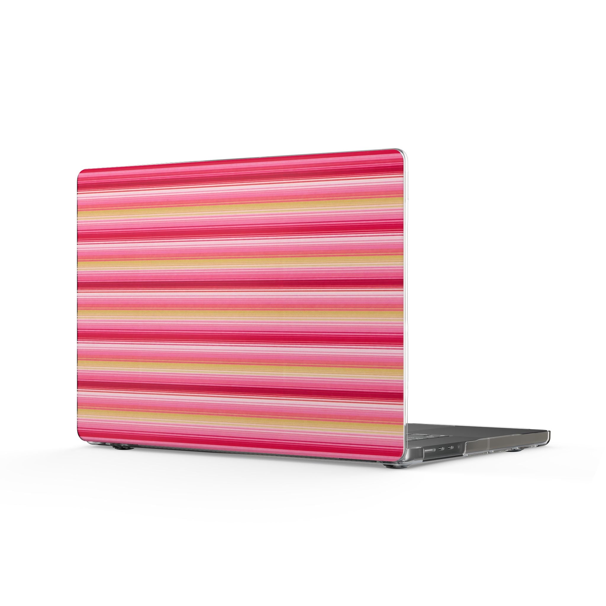 MacBook cover with horizontal pink and yellow striped design, open for laptop ports