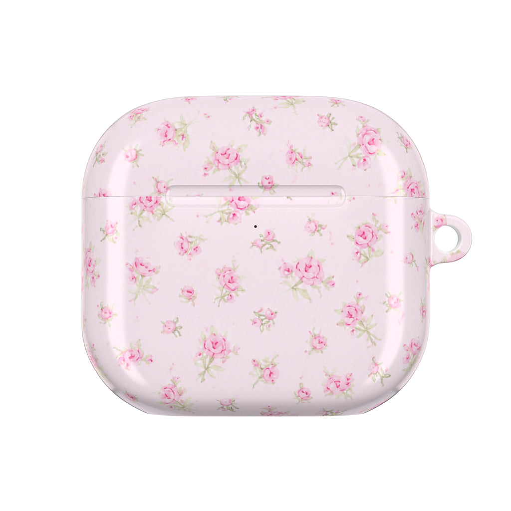 Light pink floral AirPod case with smooth front and button cutout