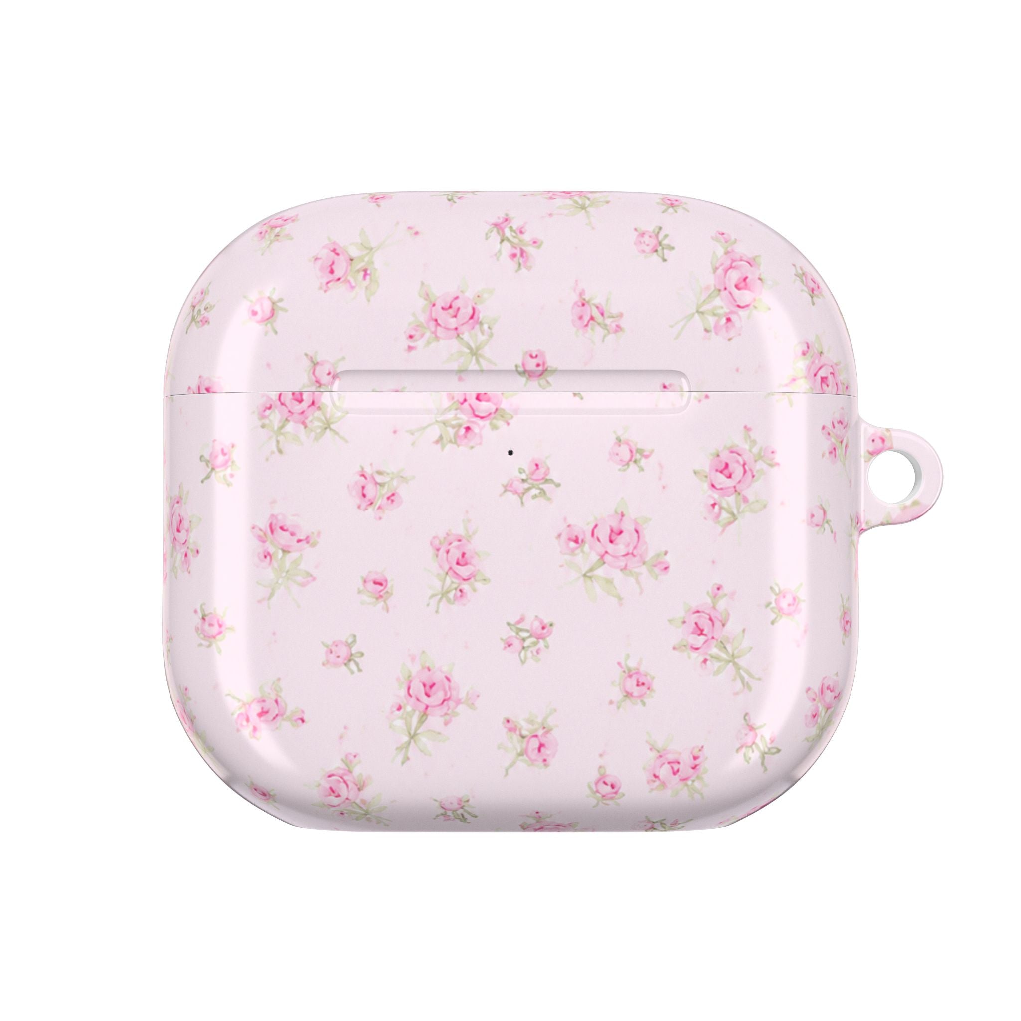 Light pink floral AirPod case with smooth front and button cutout
