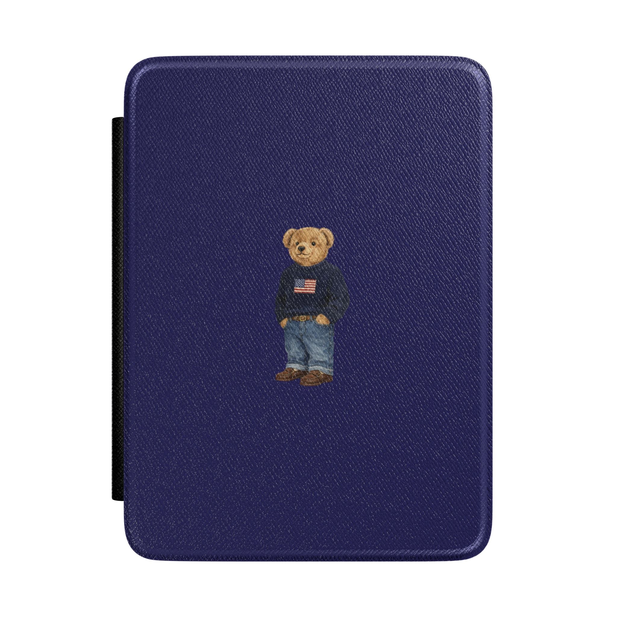 Navy hardcover Kindle case with small teddy bear wearing flag-themed shirt