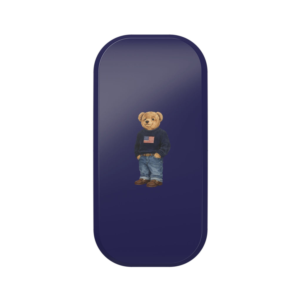 Navy phone case with teddy bear graphic and small American flag on navy background