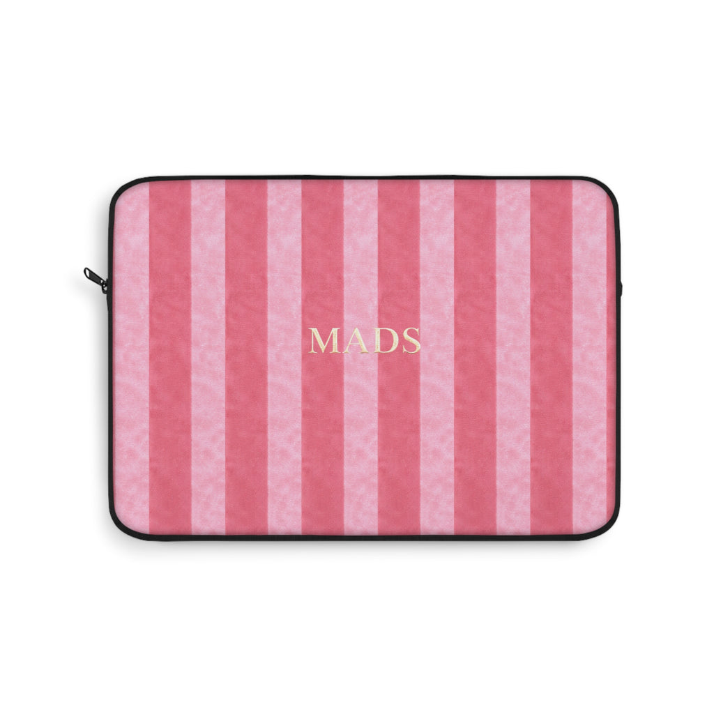 Neoprene device sleeve with pink vertical stripes and centered 'MADS' text, zip closure