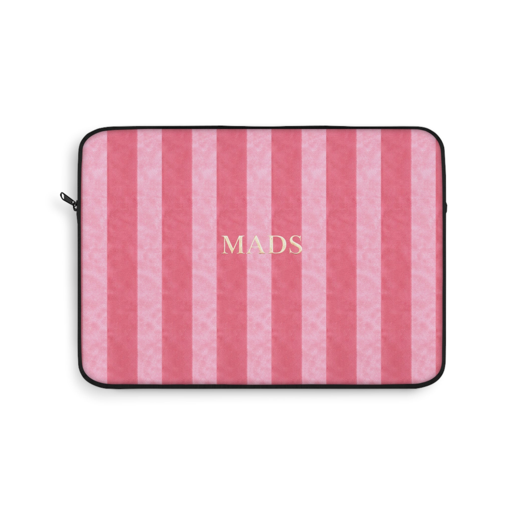 Neoprene device sleeve with pink vertical stripes and centered 'MADS' text, zip closure