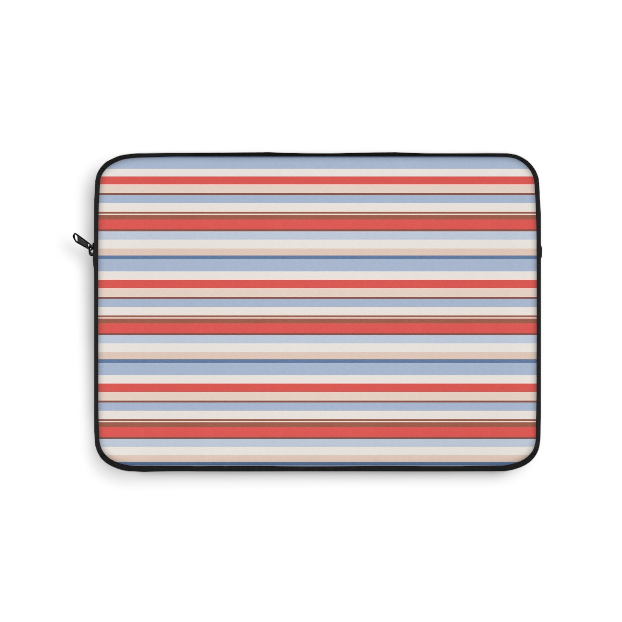 Neoprene tablet sleeve with red, white, and blue horizontal stripes and black zip trim