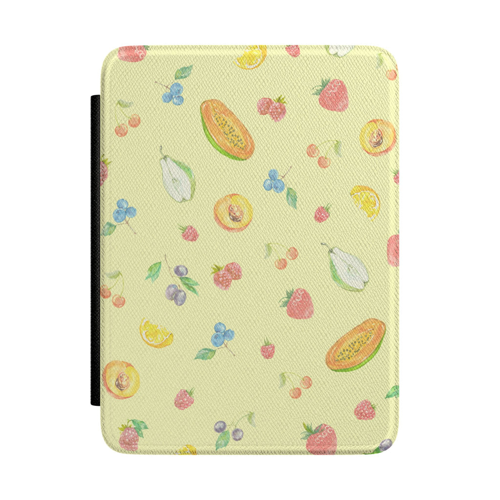Yellow hardcover Kindle case with colorful fruit sorbet pattern and rounded corners