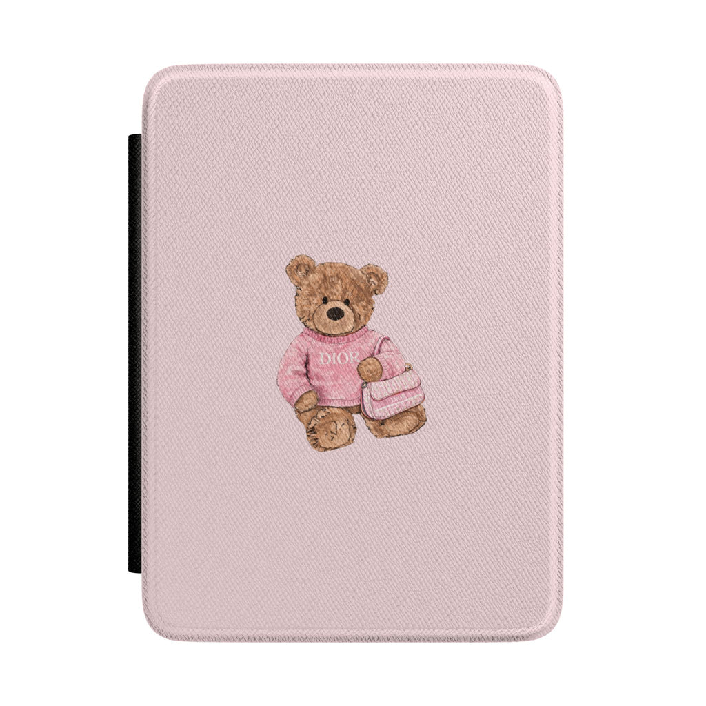 Dior teddy bear Kindle hardcover case, light pink with stitched teddy applique