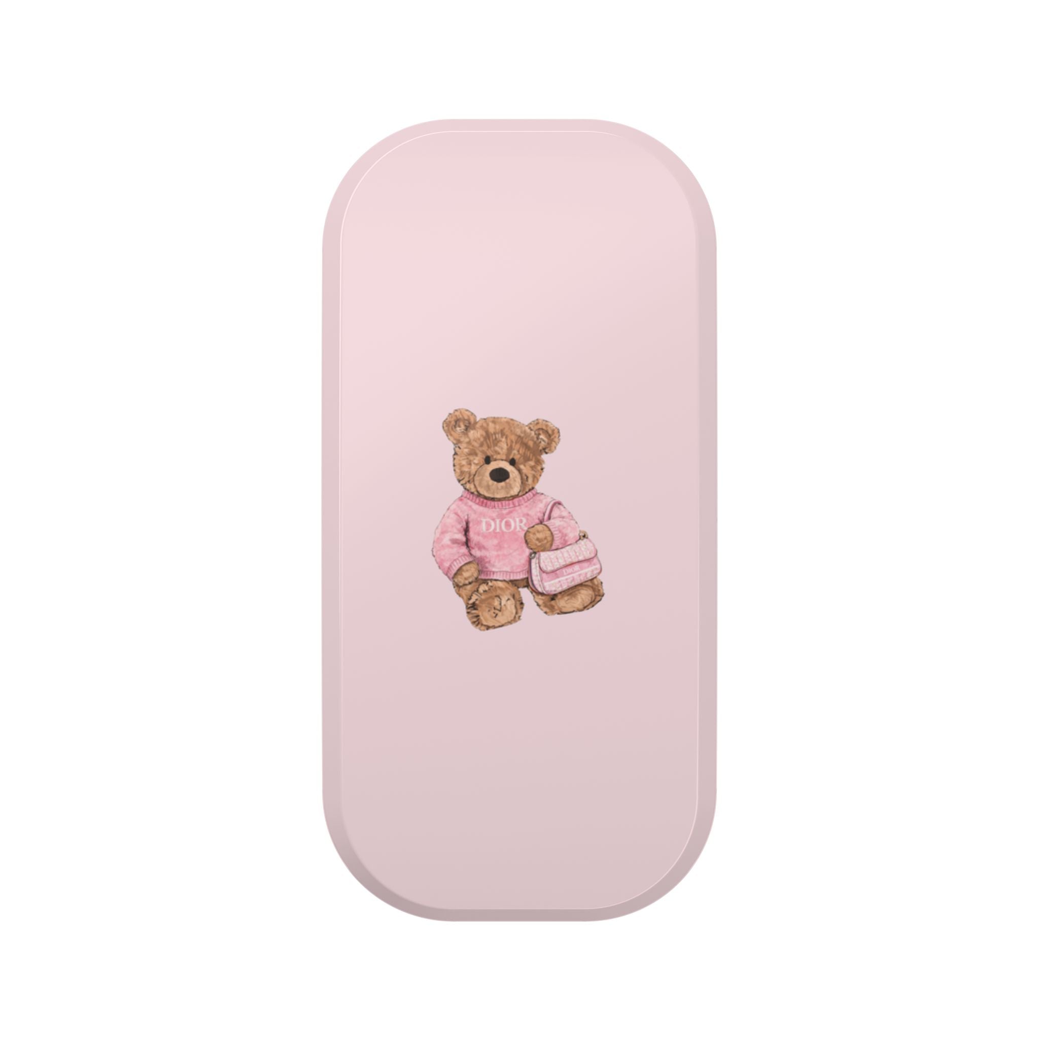 Pink phone case with Dior teddy bear patch on front