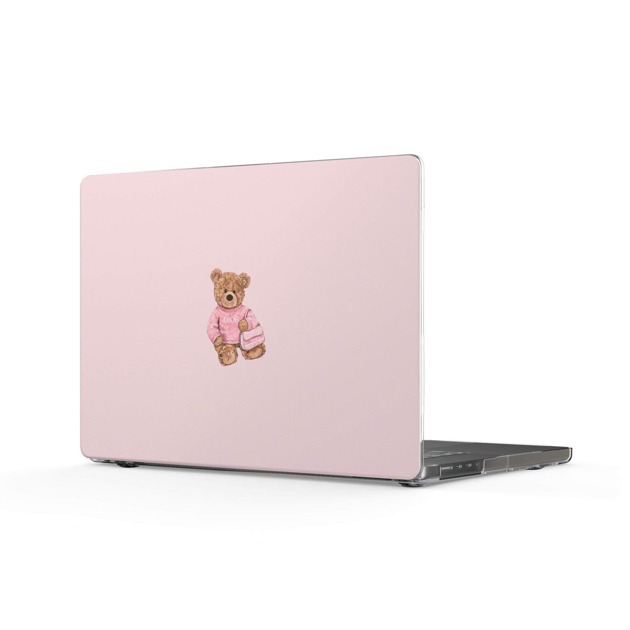 Pink Dior teddy bear MacBook cover with bear applique on lid