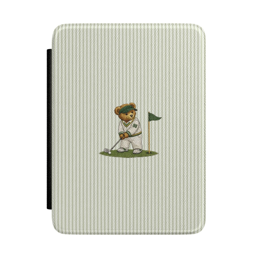 Hardcover Kindle case with light green vertical stripes and teddy bear golfer holding flag