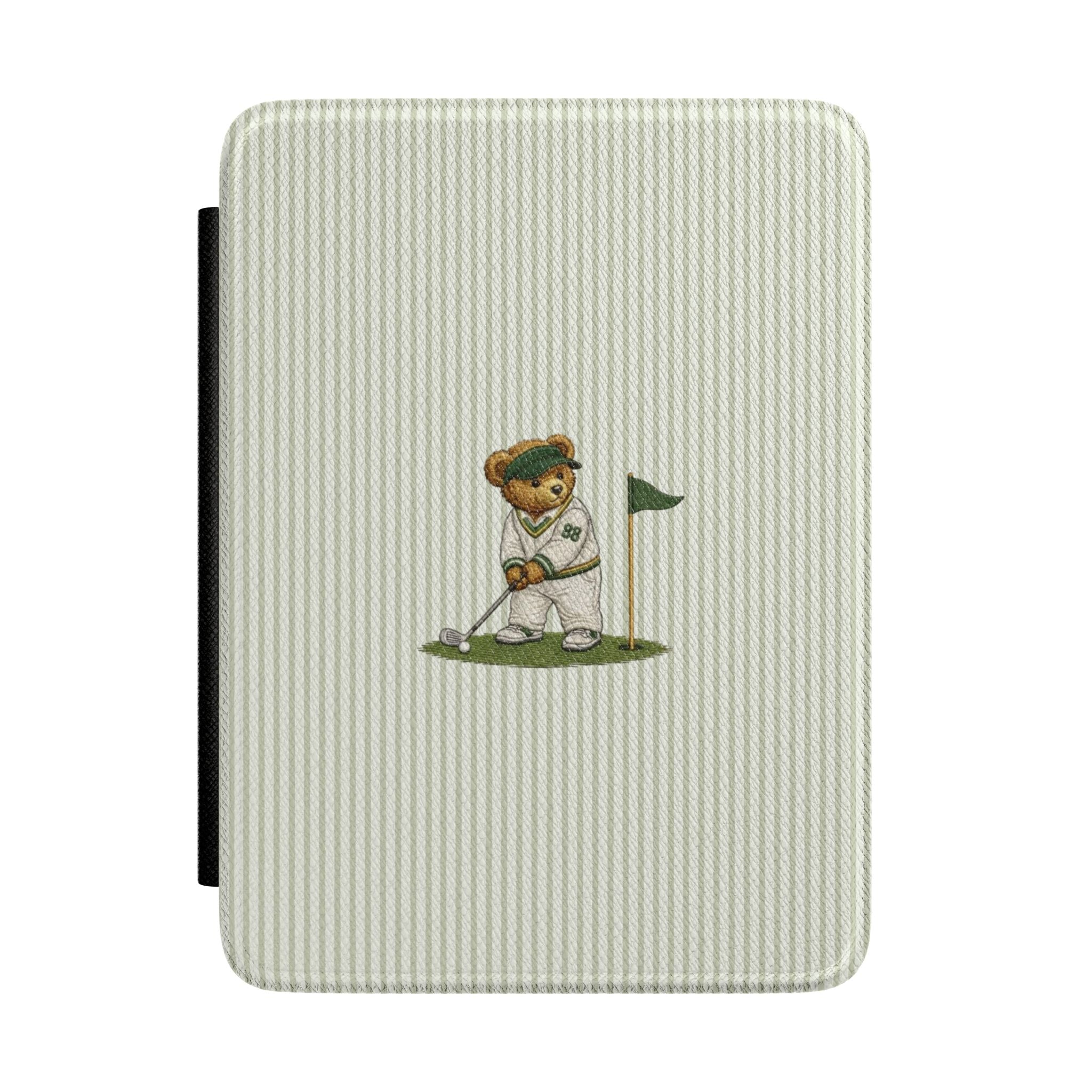 Hardcover Kindle case with light green vertical stripes and teddy bear golfer holding flag