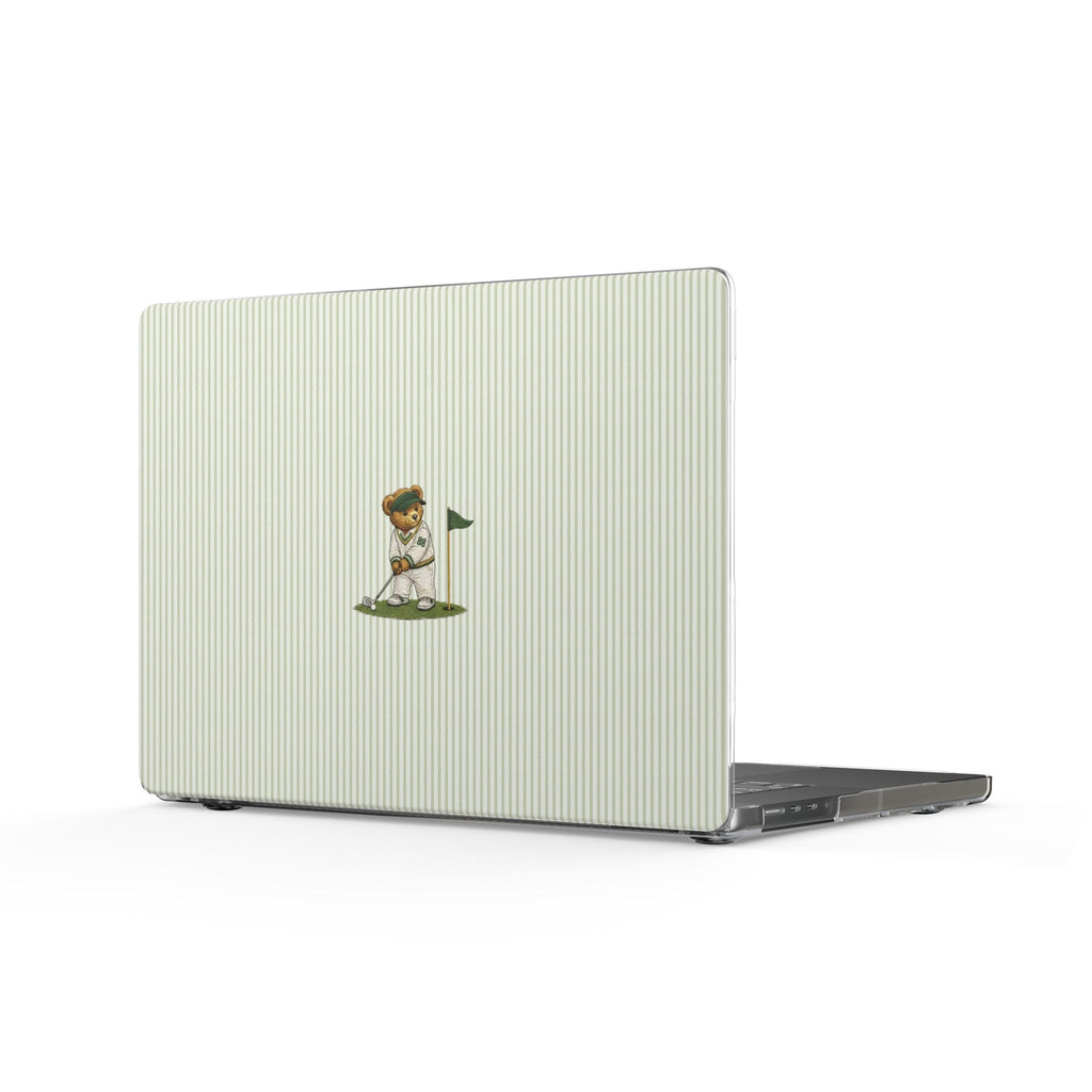 Light green striped MacBook case with embroidered teddy golfer on front
