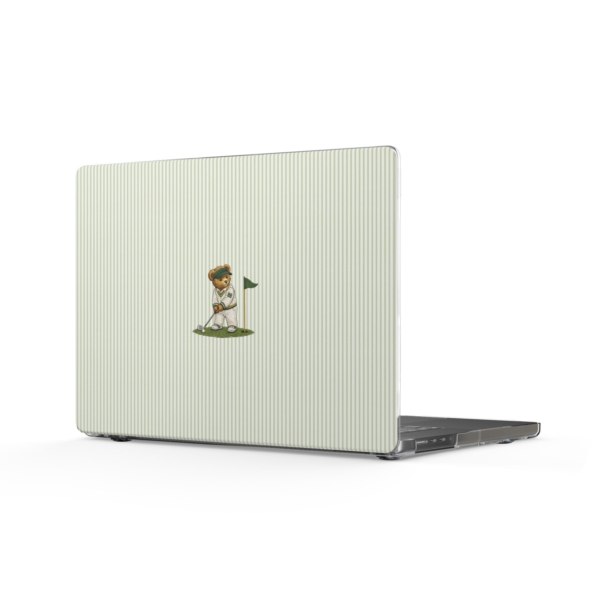 Light green striped MacBook case with embroidered teddy golfer on front