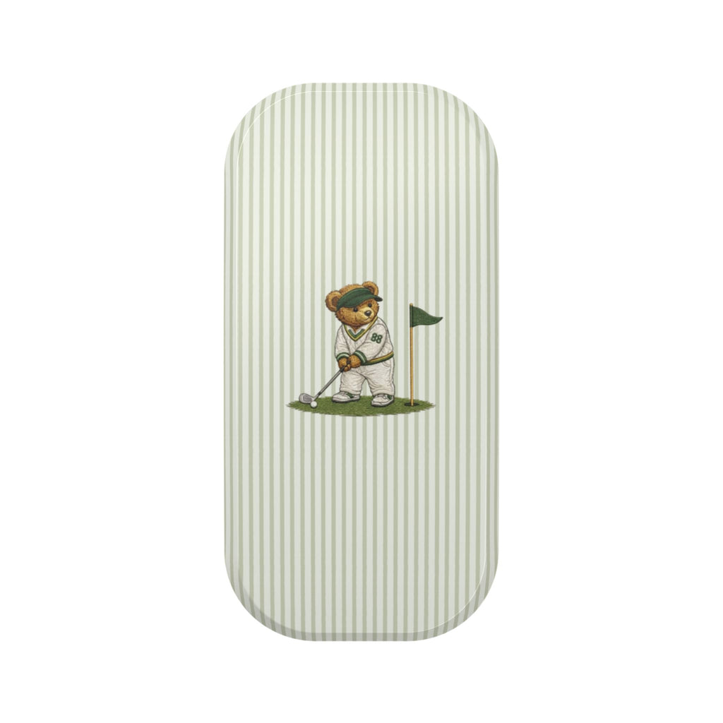 Green striped phone grip accessory with teddy bear golfer graphic