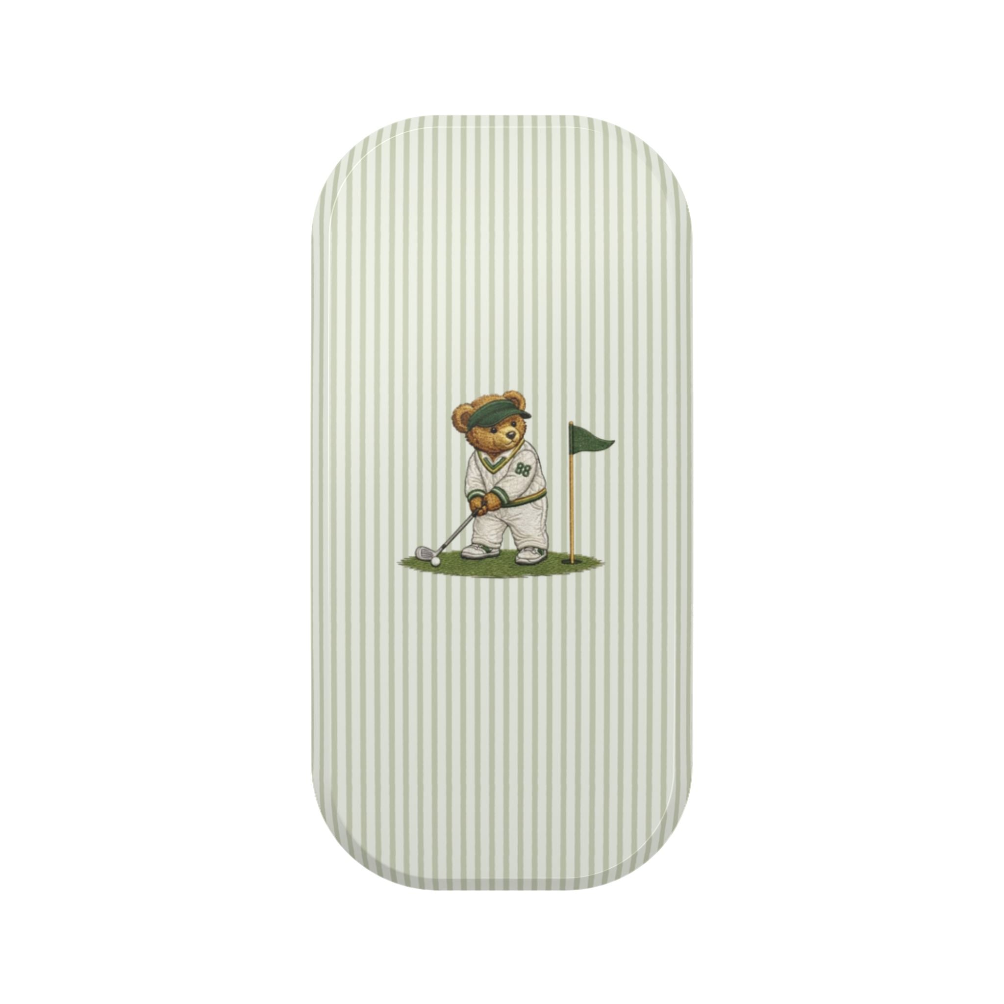 Green striped phone grip accessory with teddy bear golfer graphic