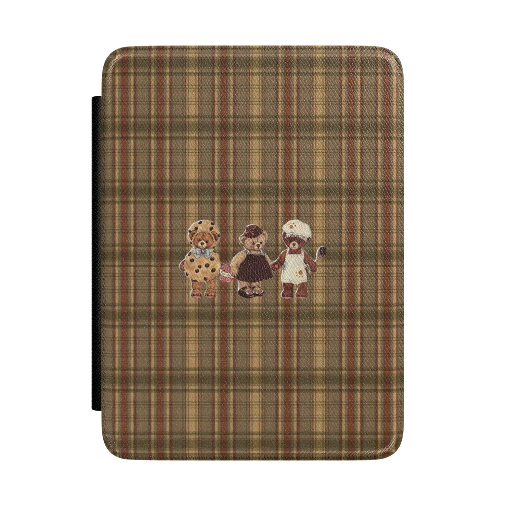 Brown plaid hardcover Kindle case with three teddy bear character patches