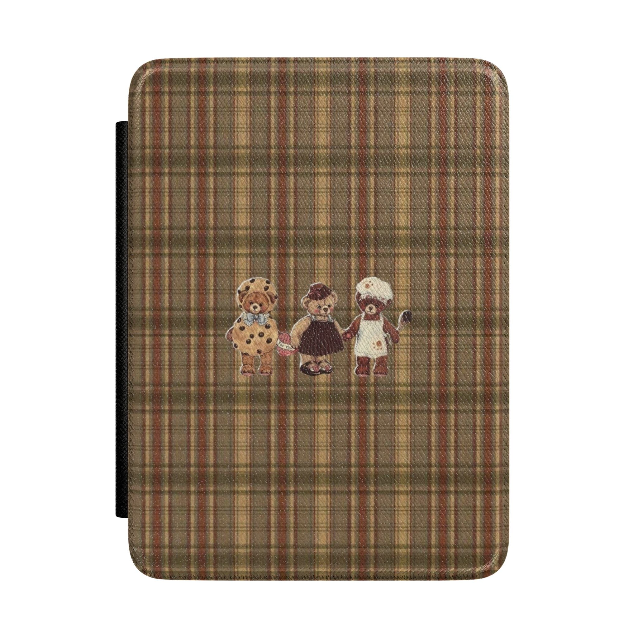 Brown plaid hardcover Kindle case with three teddy bear character patches
