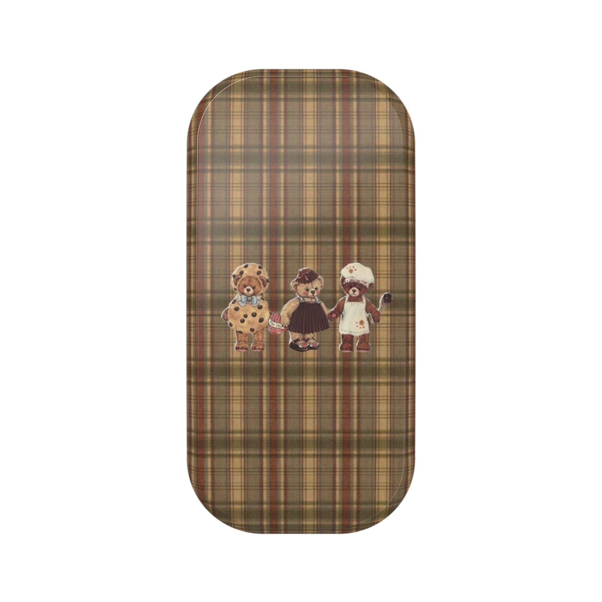 Plaid teddy bear hands-free grip accessory cover with stitched bear figures